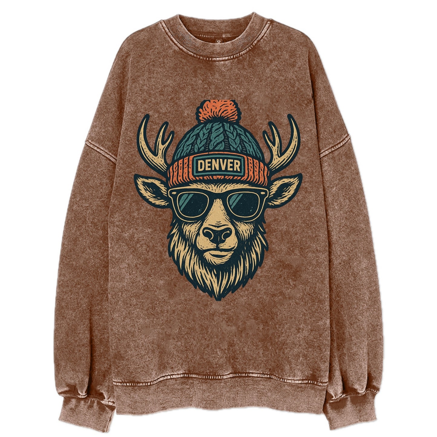 Denver Elk wearing Denver beanie with pom pom and wayfarer sunglasses - Vintage Sweatshirt - Brown