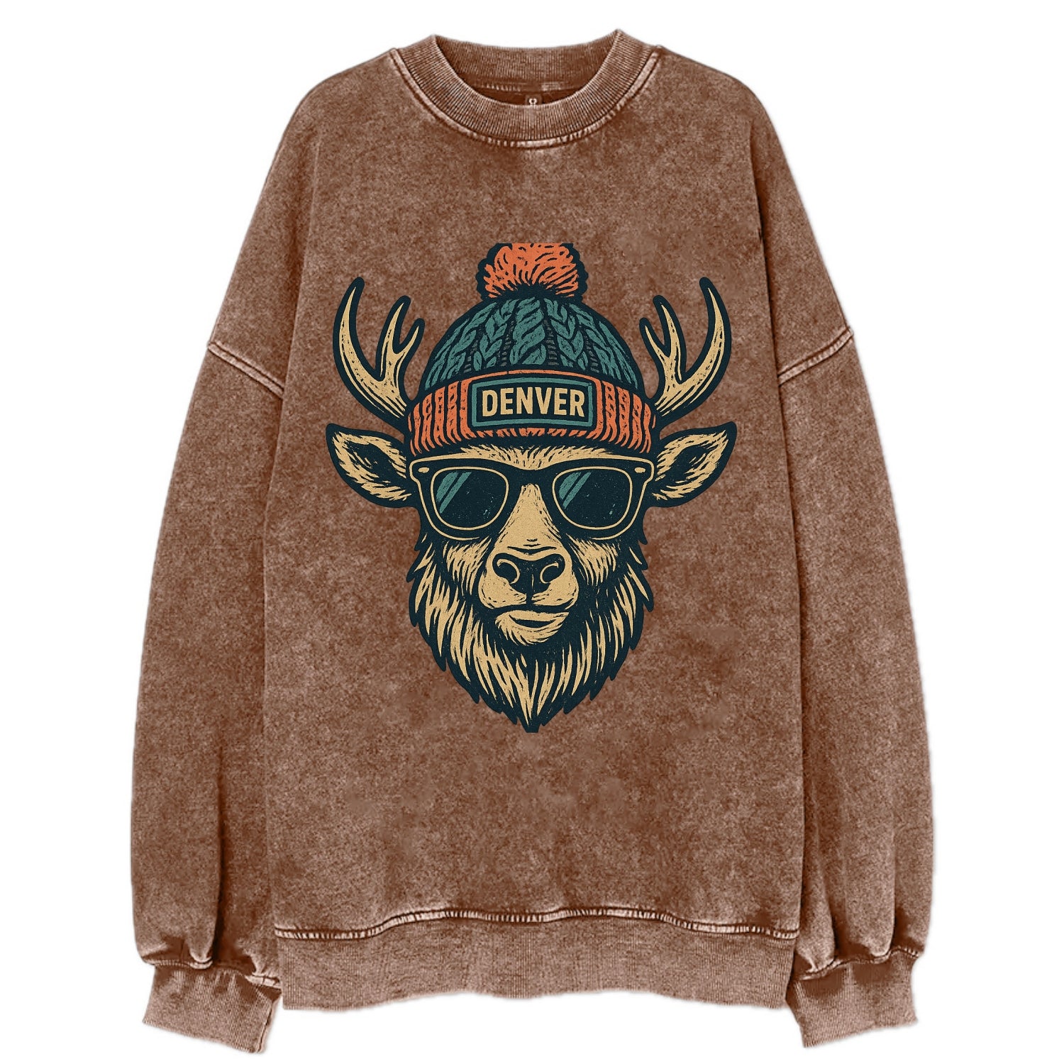 Denver Elk wearing Denver beanie with pom pom and wayfarer sunglasses - Vintage Sweatshirt - Brown