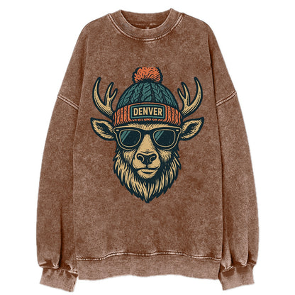 Denver Elk wearing Denver beanie with pom pom and wayfarer sunglasses - Vintage Sweatshirt - Brown