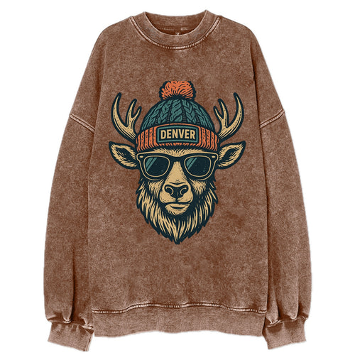 Denver Elk wearing Denver beanie with pom pom and wayfarer sunglasses - Vintage Sweatshirt