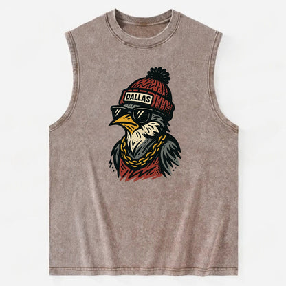 Dallas Mockingbird wearing Dallas beanie with pom pom and wayfarer sunglasses - Vintage Washed Tank - Brown