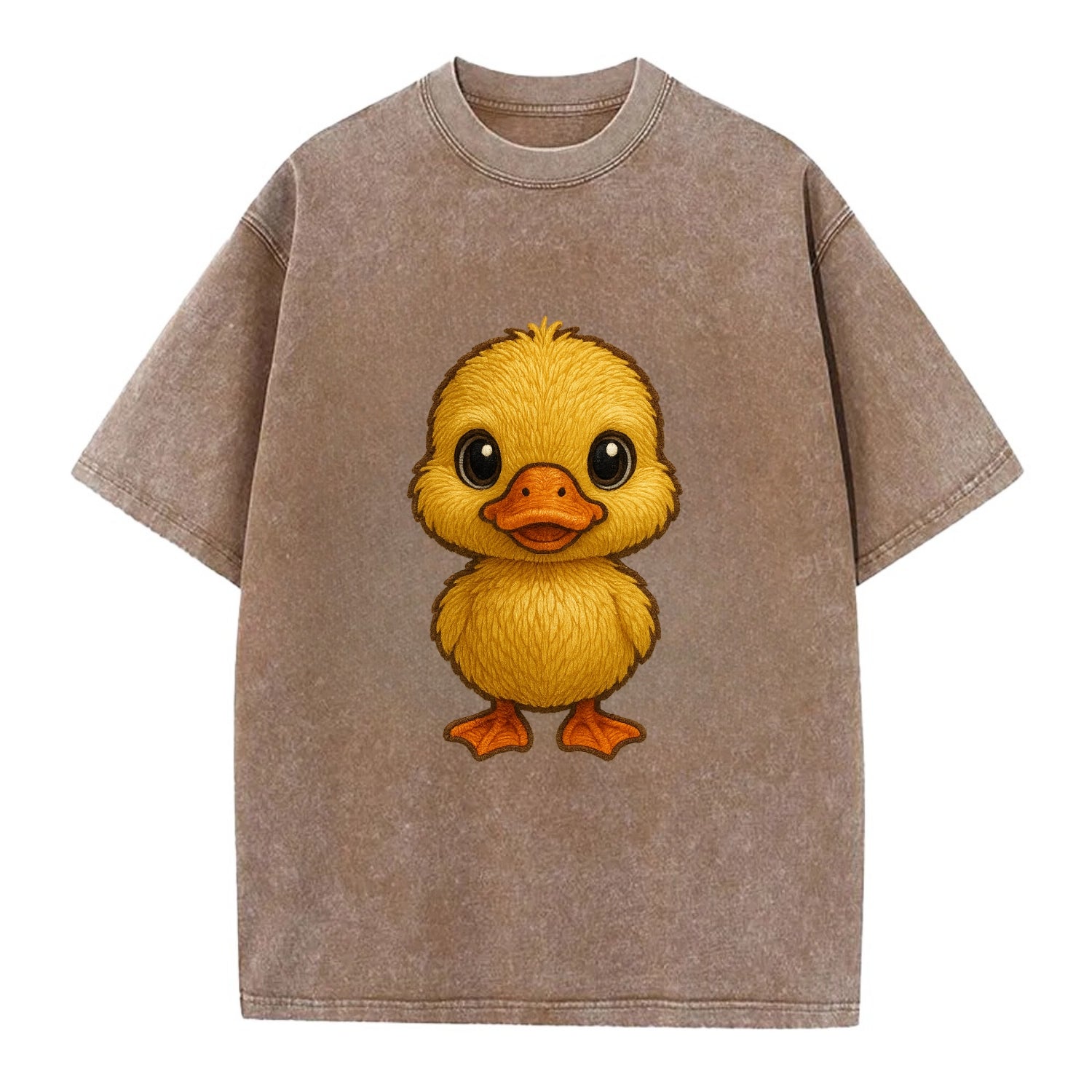 Baby Duck Duckling - yellow fluffy, orange beak, bright eyes, front-facing, quack - Vintage T-shirt - Brown
