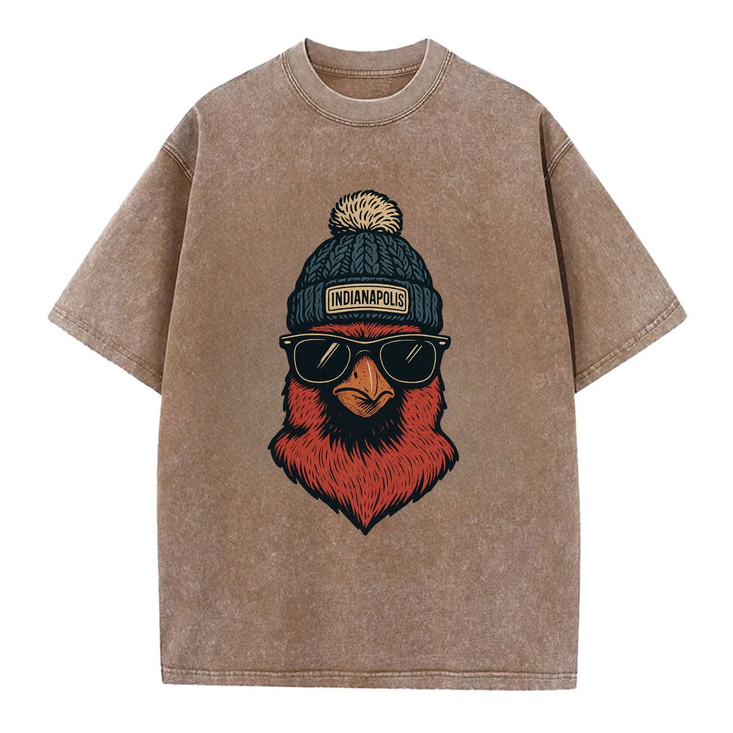 Indiana Cardinal wearing Indianapolis beanie with pom pom and wayfarer sunglasses - Vintage T-shirt - Brown