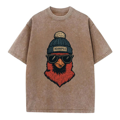 Indiana Cardinal wearing Indianapolis beanie with pom pom and wayfarer sunglasses - Vintage T-shirt - Brown