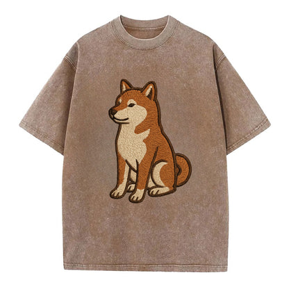 Shiba Inu - Red sesame embroidered sitti Vintage T-shirt - Brown