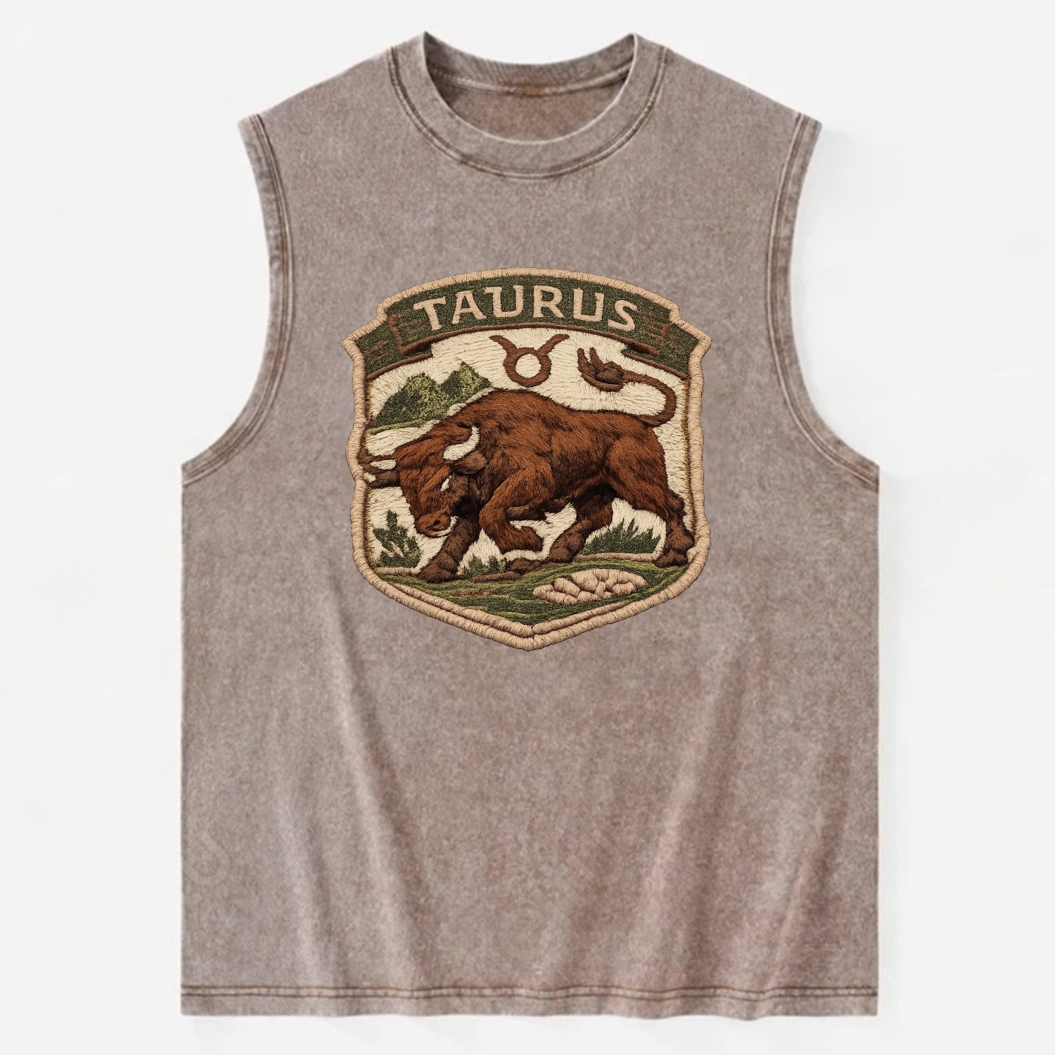 TAURUS BULL - strong bull in brown and green , earth sign - Vintage Washed Tank - Brown