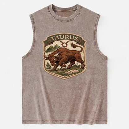 TAURUS BULL - strong bull in brown and green , earth sign - Vintage Washed Tank - Brown