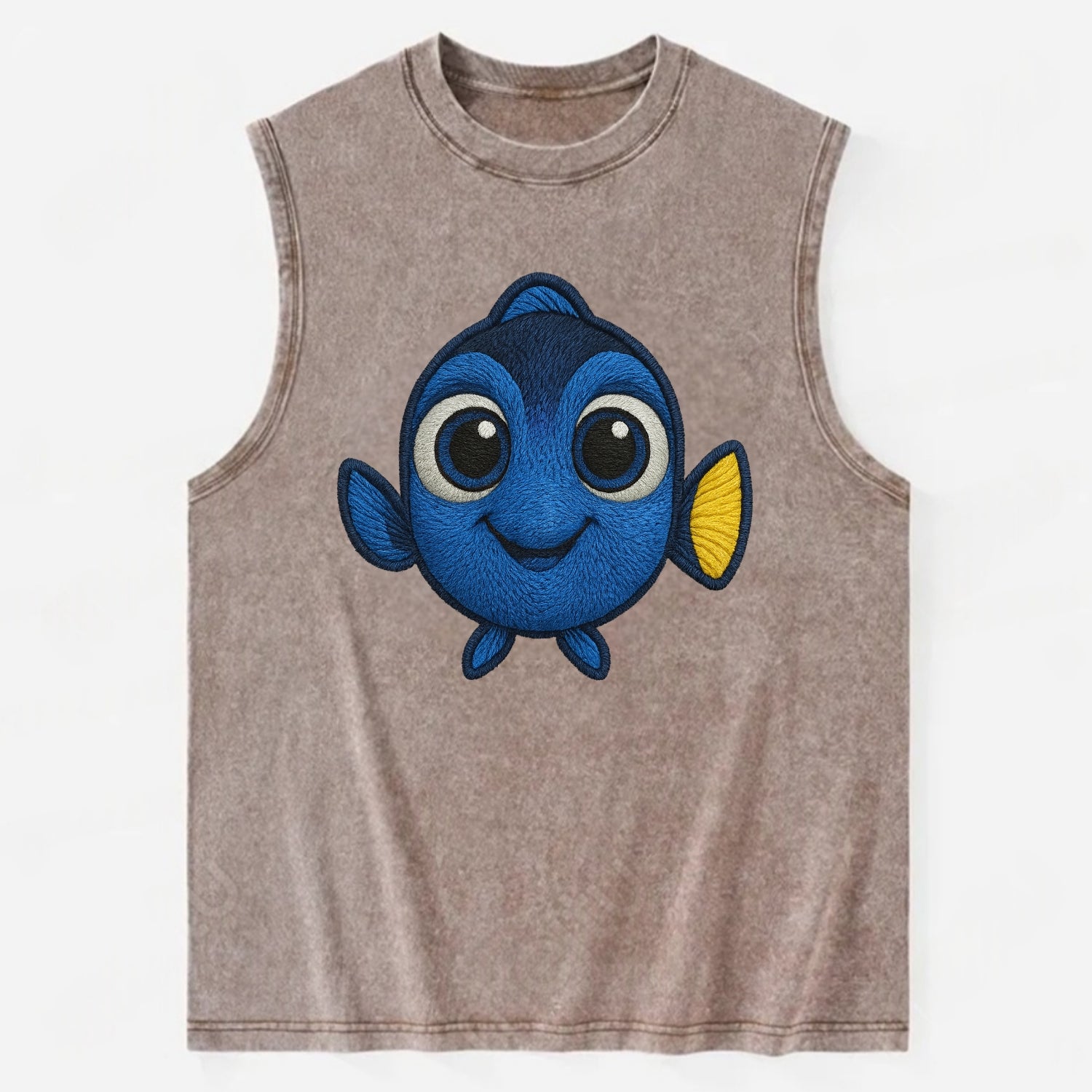 Baby Blue Tang - bright blue with yellow tail, big eyes, front-facing, - Vintage Washed Tank - Brown