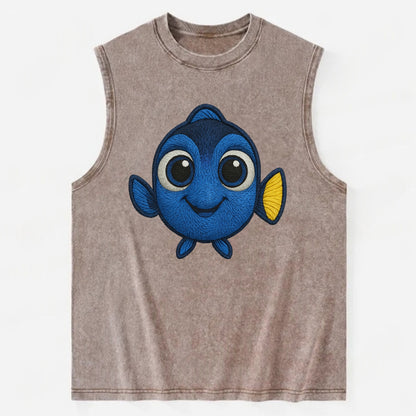 Baby Blue Tang - bright blue with yellow tail, big eyes, front-facing, - Vintage Washed Tank - Brown