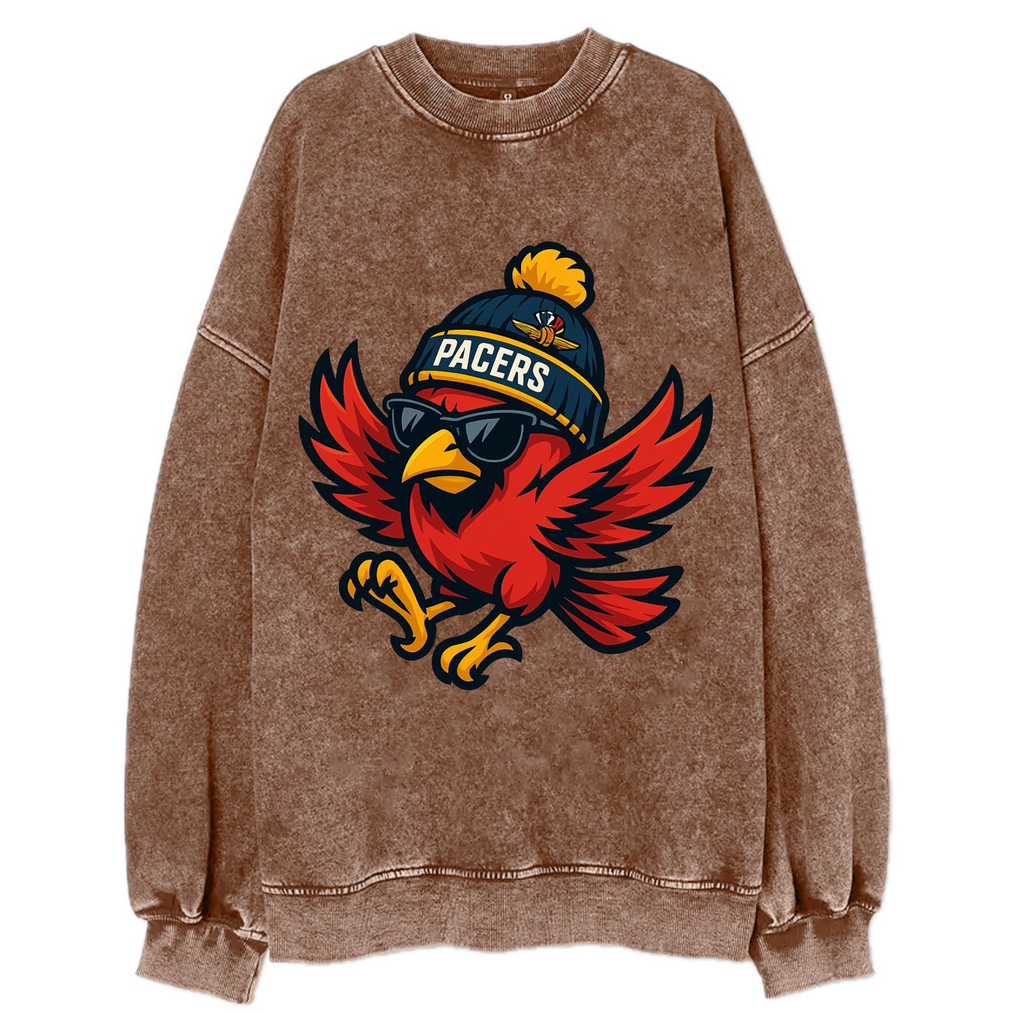 Indiana Cardinal wearing Pacers beanie with speedway patch and wayfarer - Vintage Sweatshirt - Brown