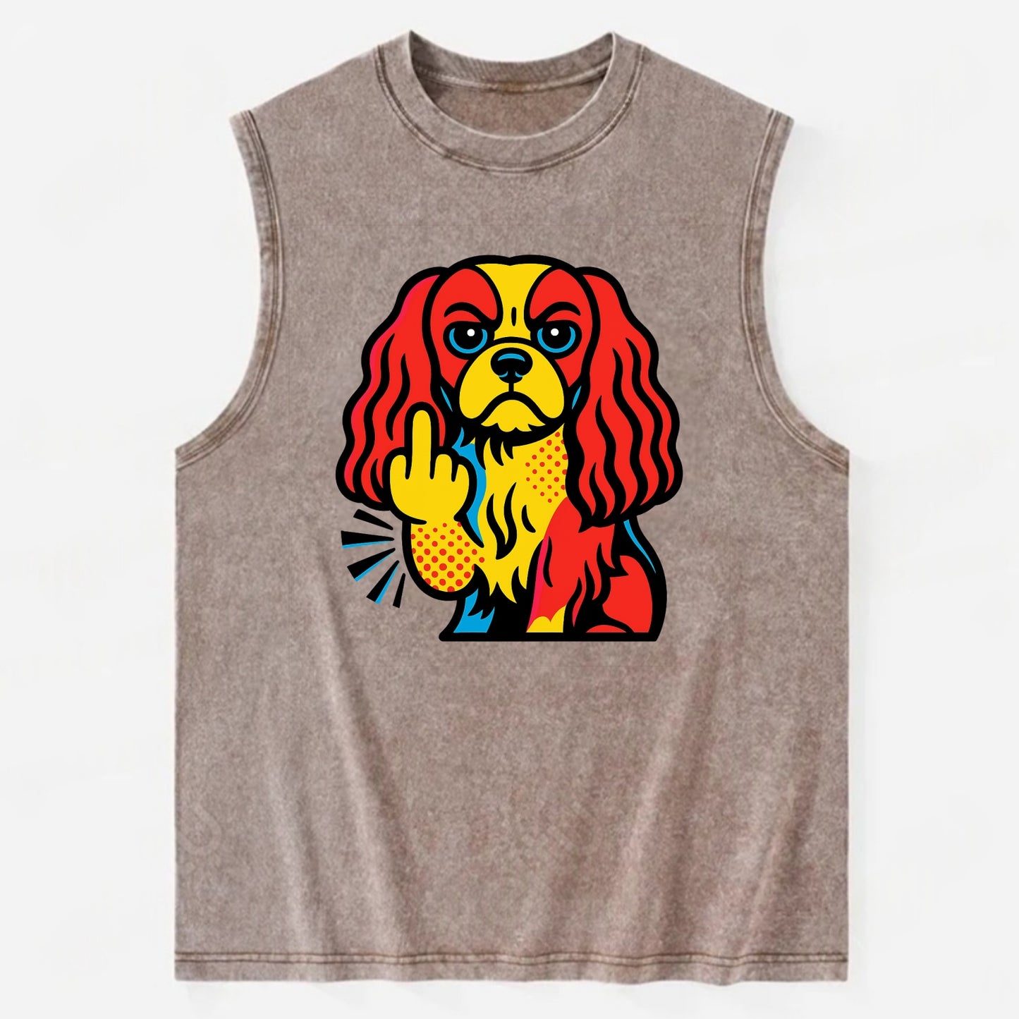 Cavalier King Charles Spaniel with long ears, regal paw giving finger - Vintage Washed Tank - Brown