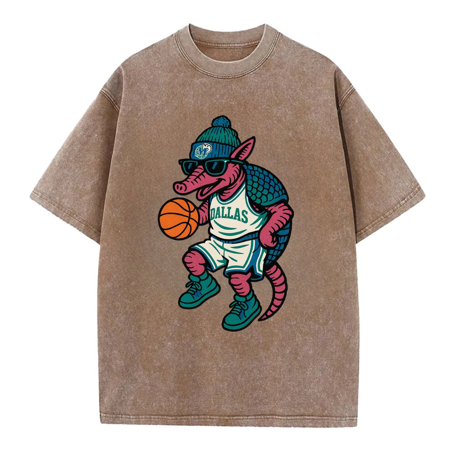 Dallas Armadillo wearing Mavericks beanie with cowboy hat patch and wayfarer - Vintage T-shirt - Brown