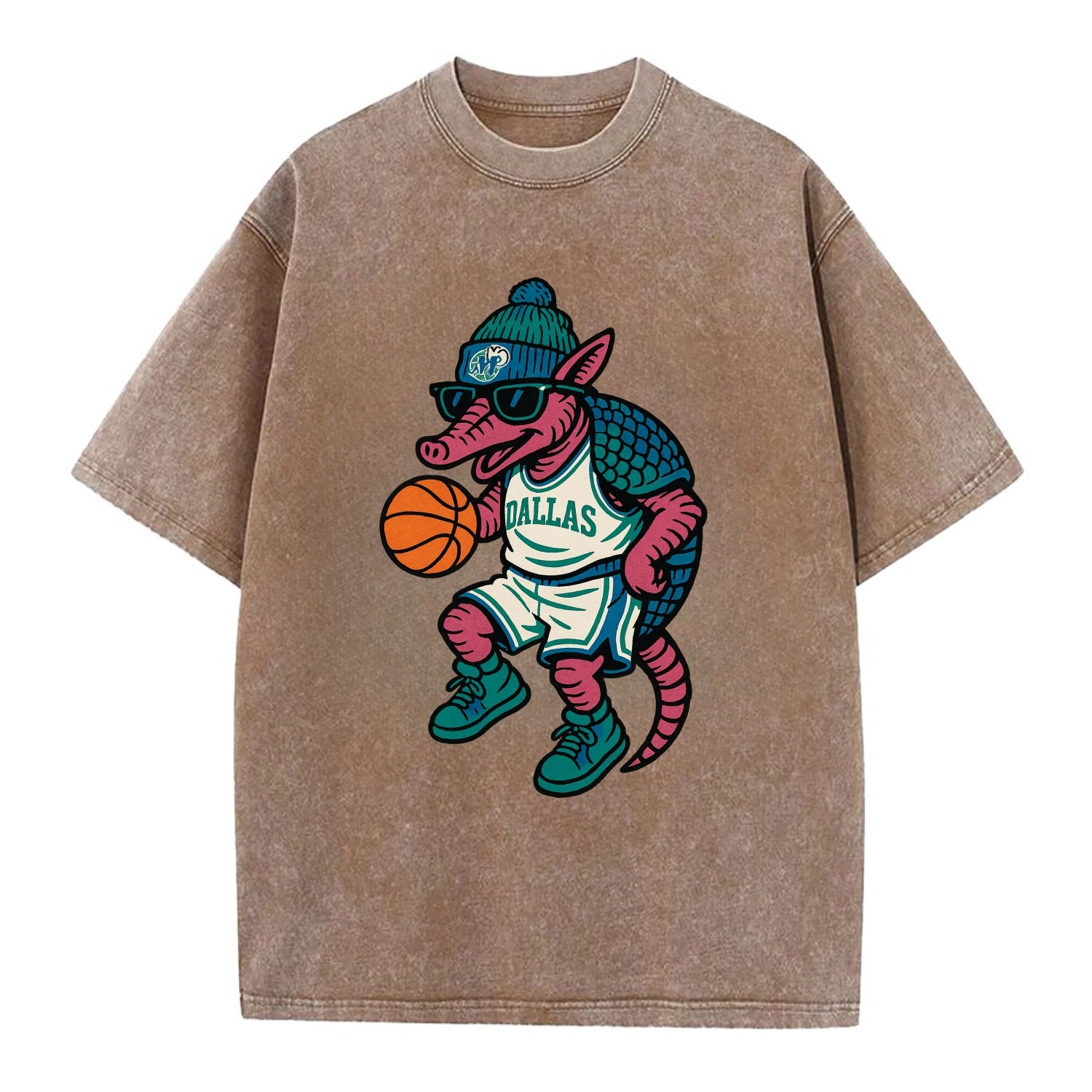 Dallas Armadillo wearing Mavericks beanie with cowboy hat patch and wayfarer - Vintage T-shirt - Brown