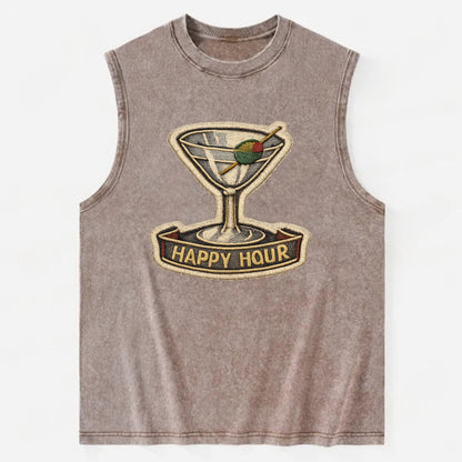 COCKTAIL MARTINI - martini glass with olive in silver and green , happy hour - Vintage Washed Tank - Brown