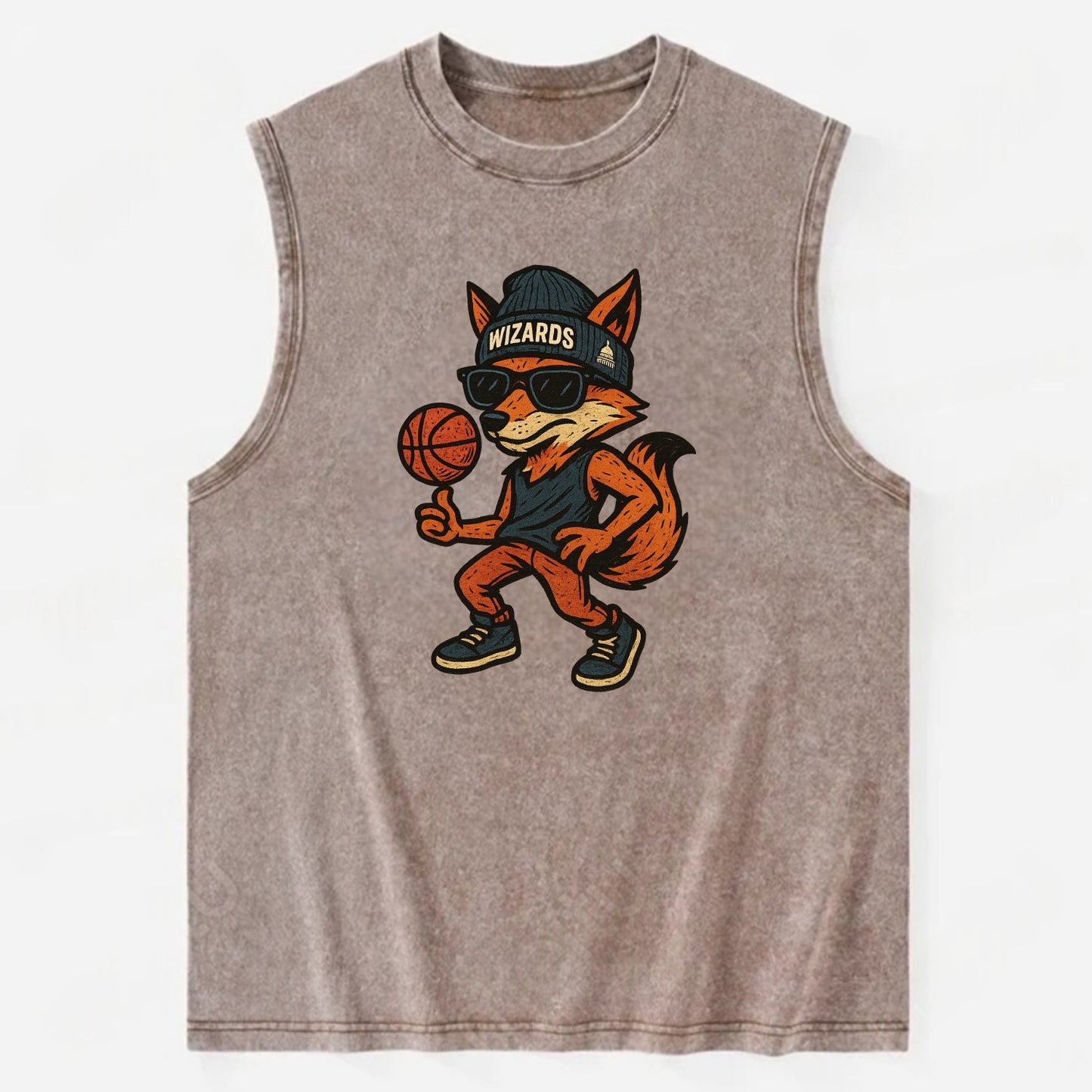 Washington Fox wearing Wizards beanie with capitol patch and wayfarer - Vintage Washed Tank - Brown