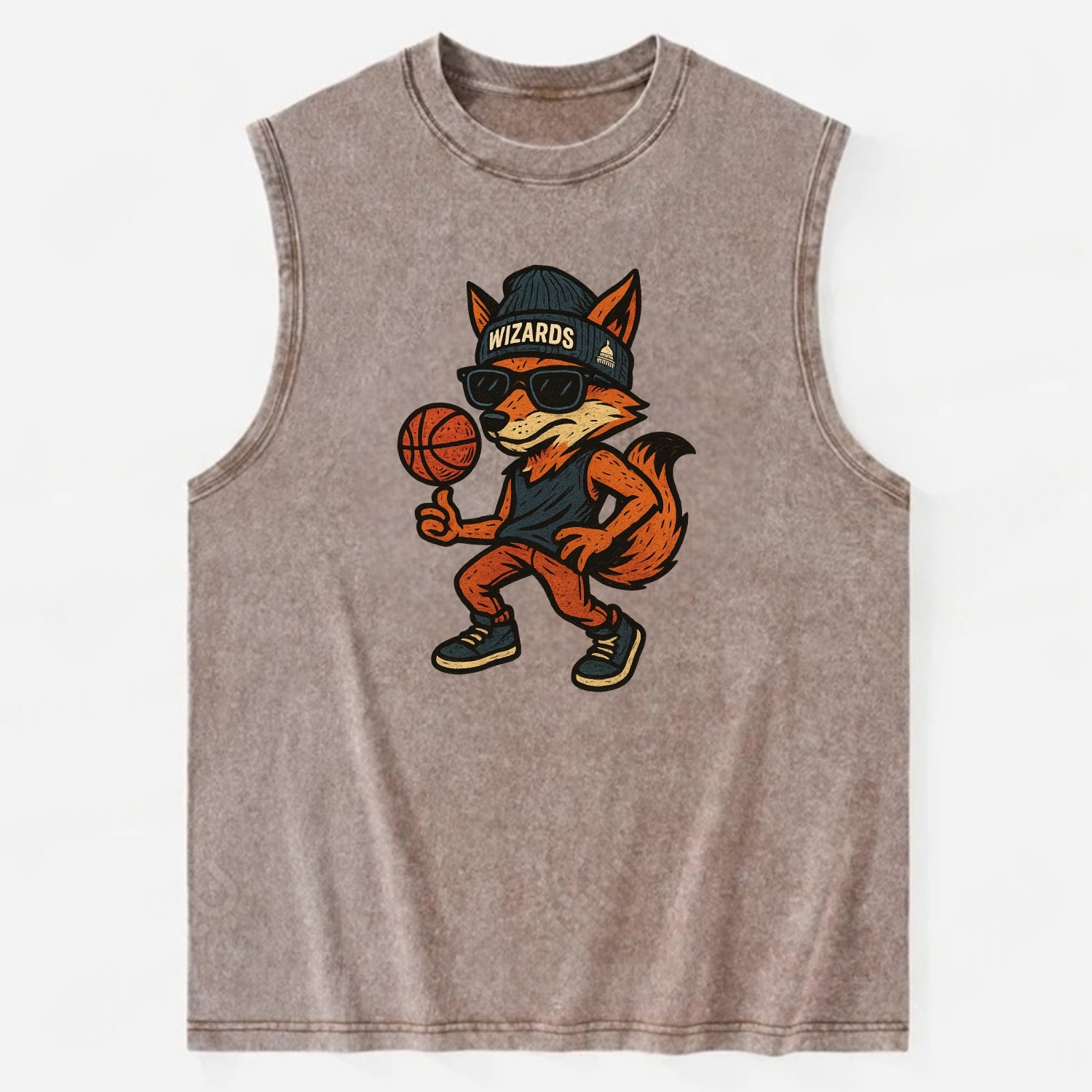 Washington Fox wearing Wizards beanie with capitol patch and wayfarer - Vintage Washed Tank - Brown