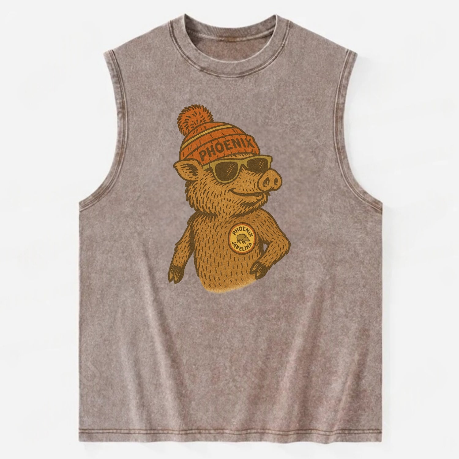 Phoenix Javelina wearing Phoenix beanie with pom pom and wayfarer sunglasses - Vintage Washed Tank - Brown