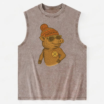 Phoenix Javelina wearing Phoenix beanie with pom pom and wayfarer sunglasses - Vintage Washed Tank - Brown
