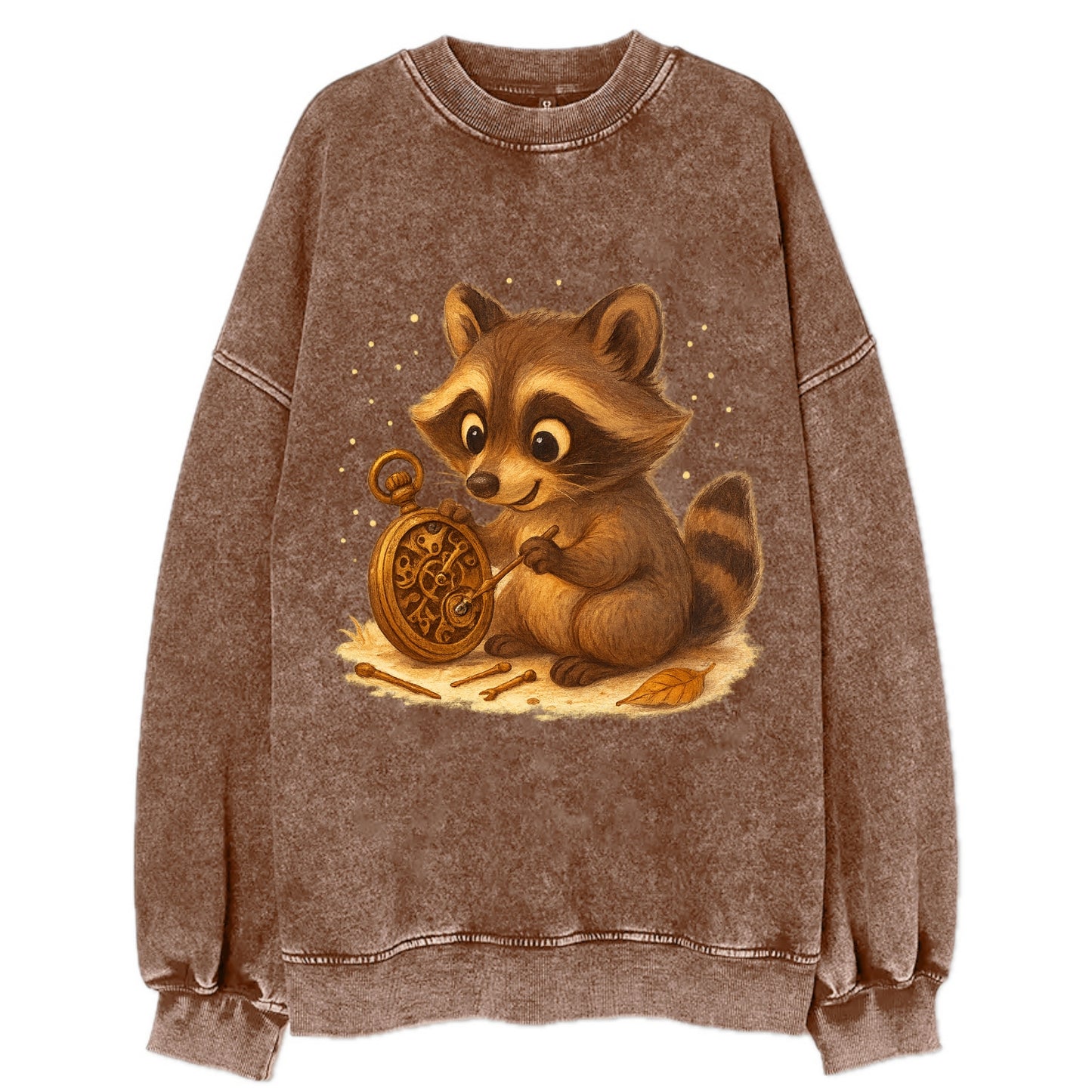 Raccoon tinkering with a steampunk pocket watch using tiny brass tools - Vintage Sweatshirt - Brown
