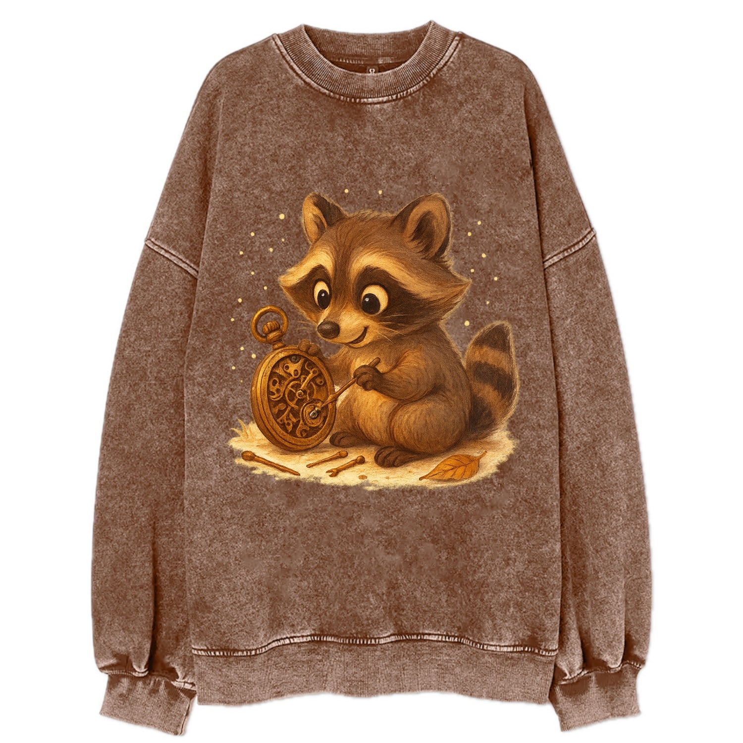 Raccoon tinkering with a steampunk pocket watch using tiny brass tools - Vintage Sweatshirt - Brown