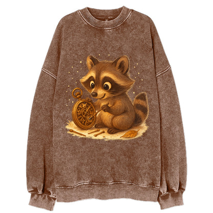 Raccoon tinkering with a steampunk pocket watch using tiny brass tools - Vintage Sweatshirt - Brown
