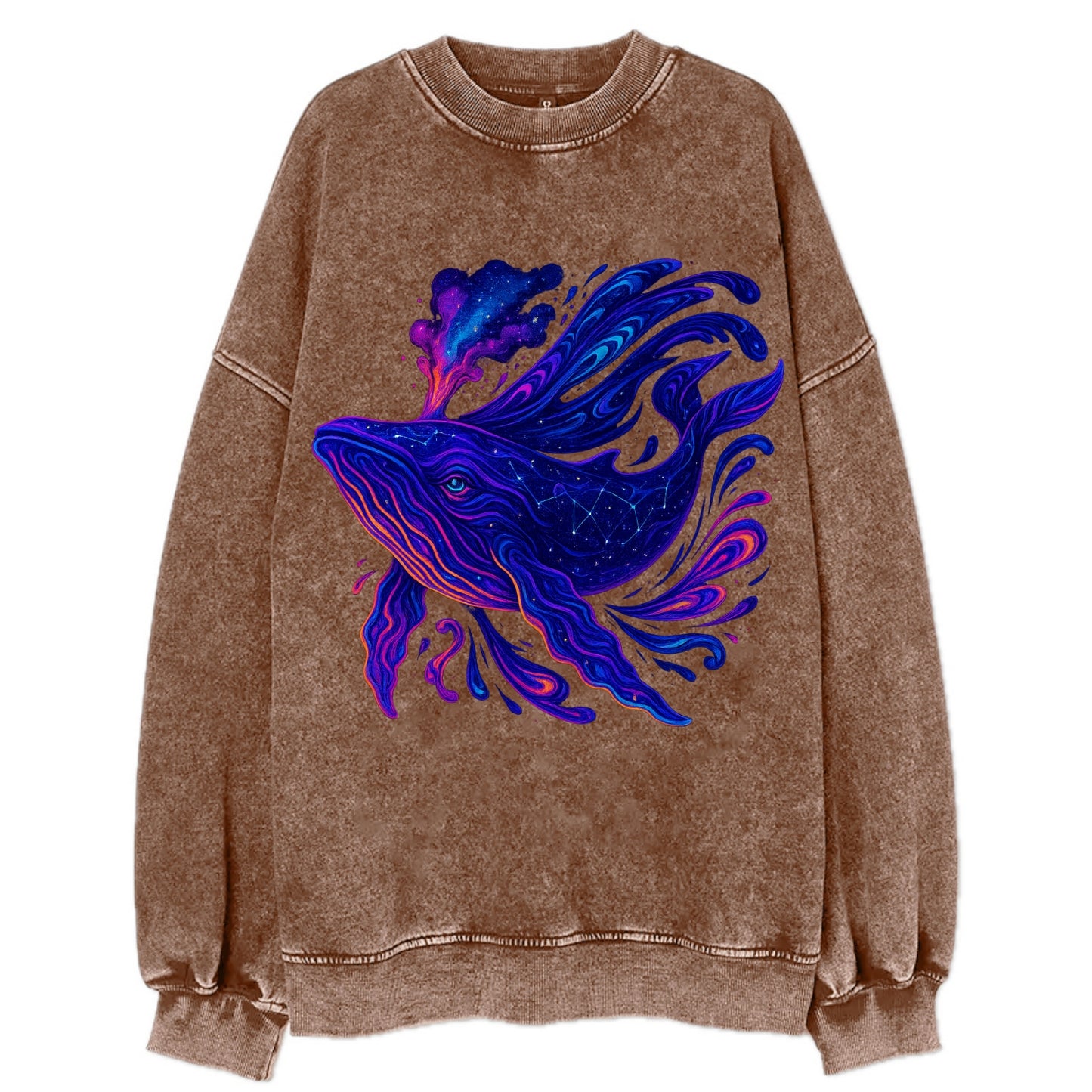 Majestic whale with body composed of galaxy clusters, stellar fins flowing - Vintage Sweatshirt - Brown