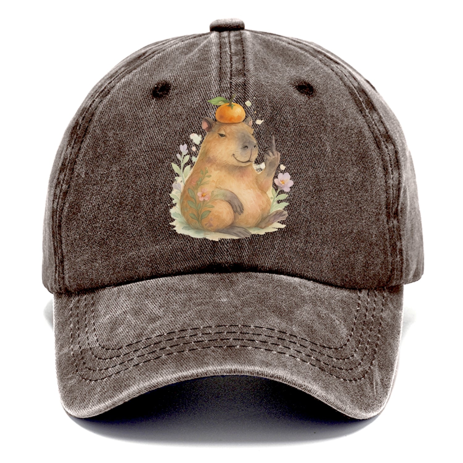 chonky capybara relaxing with orange on head, one webbed middle finger up - Classic Cap - Brown