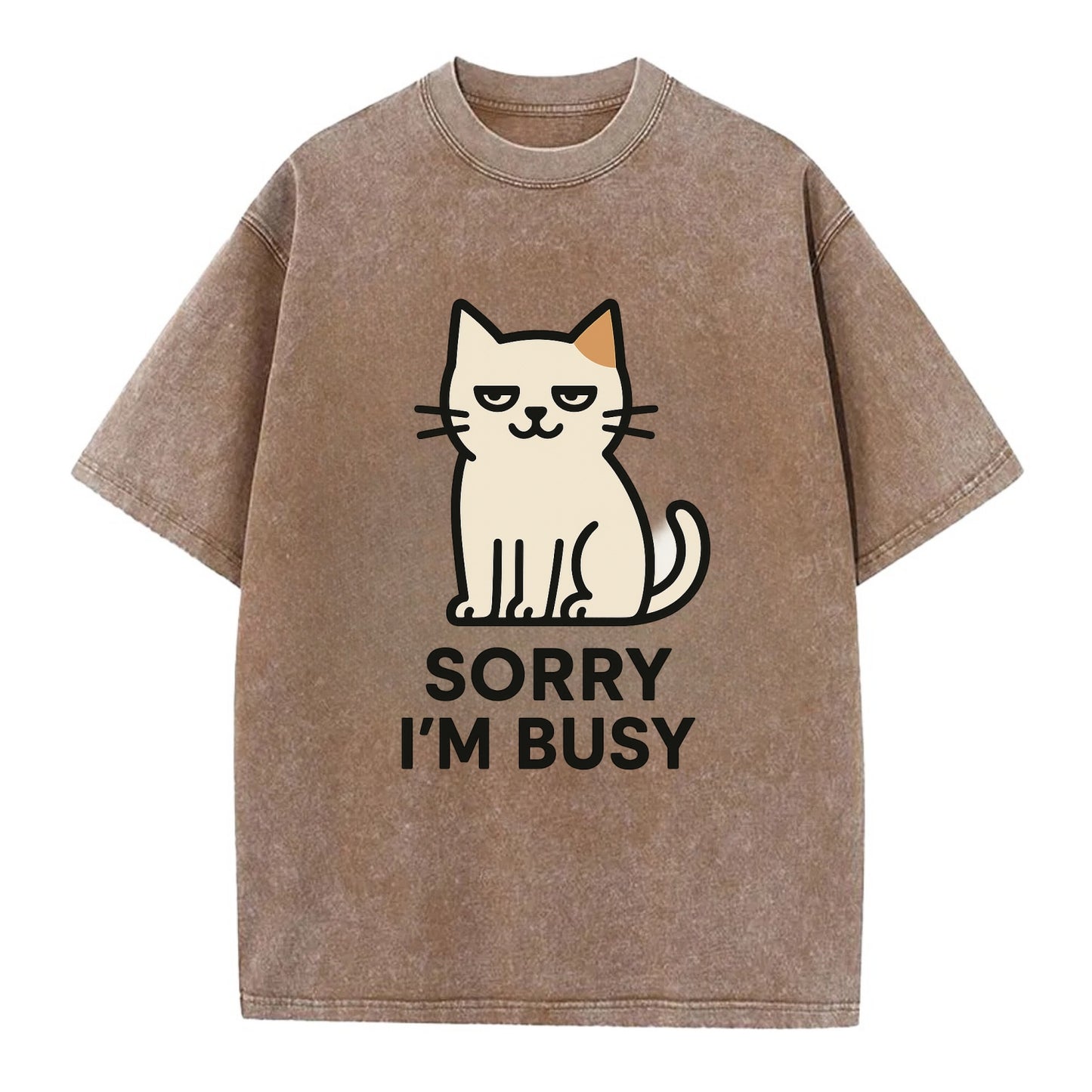 Cat sitting alone looking content - "SORRY I'M BUSY" - not sorry at all - Vintage T-shirt - Brown