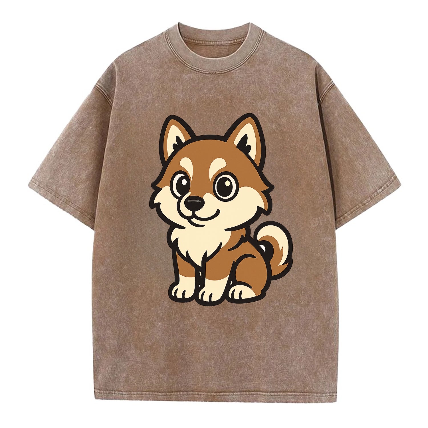 Pomsky - Pomeranian-Husky mix sitting pose - Vintage T-shirt - Brown
