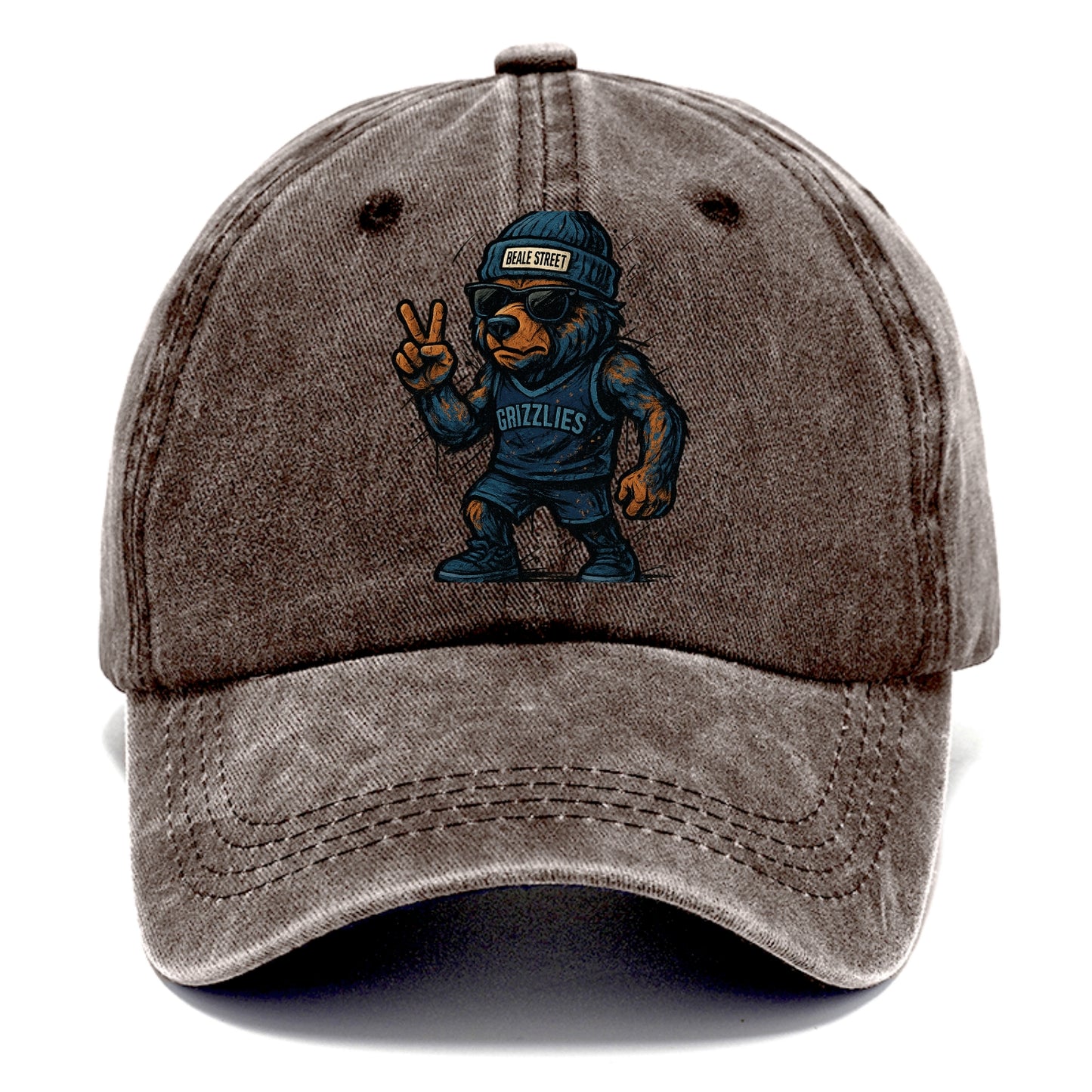 Memphis Grizzly Bear wearing Grizzlies navy and light blue beanie with Beale Street - Classic Cap - Brown
