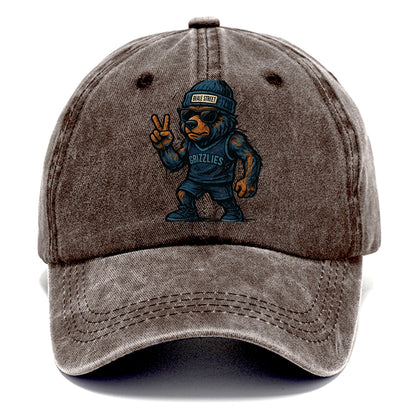 Memphis Grizzly Bear wearing Grizzlies navy and light blue beanie with Beale Street - Classic Cap - Brown