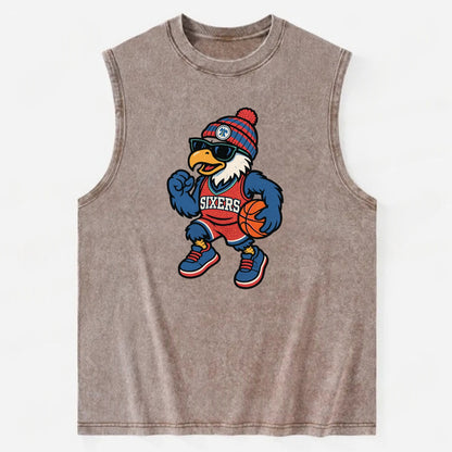 Philadelphia Eagle wearing 76ers red white and blue beanie with bell patch - Vintage Washed Tank - Brown