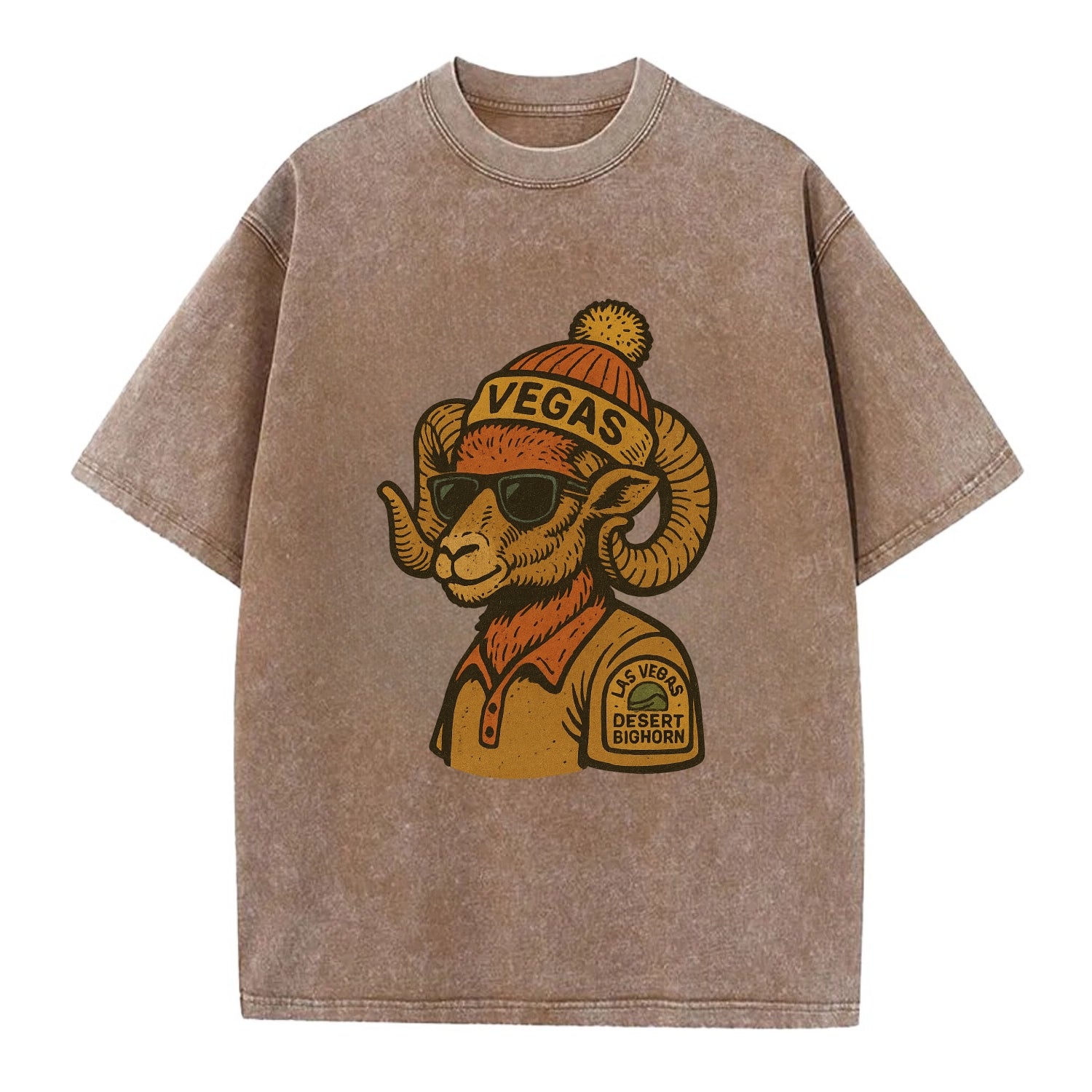 Las Vegas Desert Bighorn wearing Vegas beanie with pom pom and wayfarer sunglasses - Vintage T-shirt - Brown