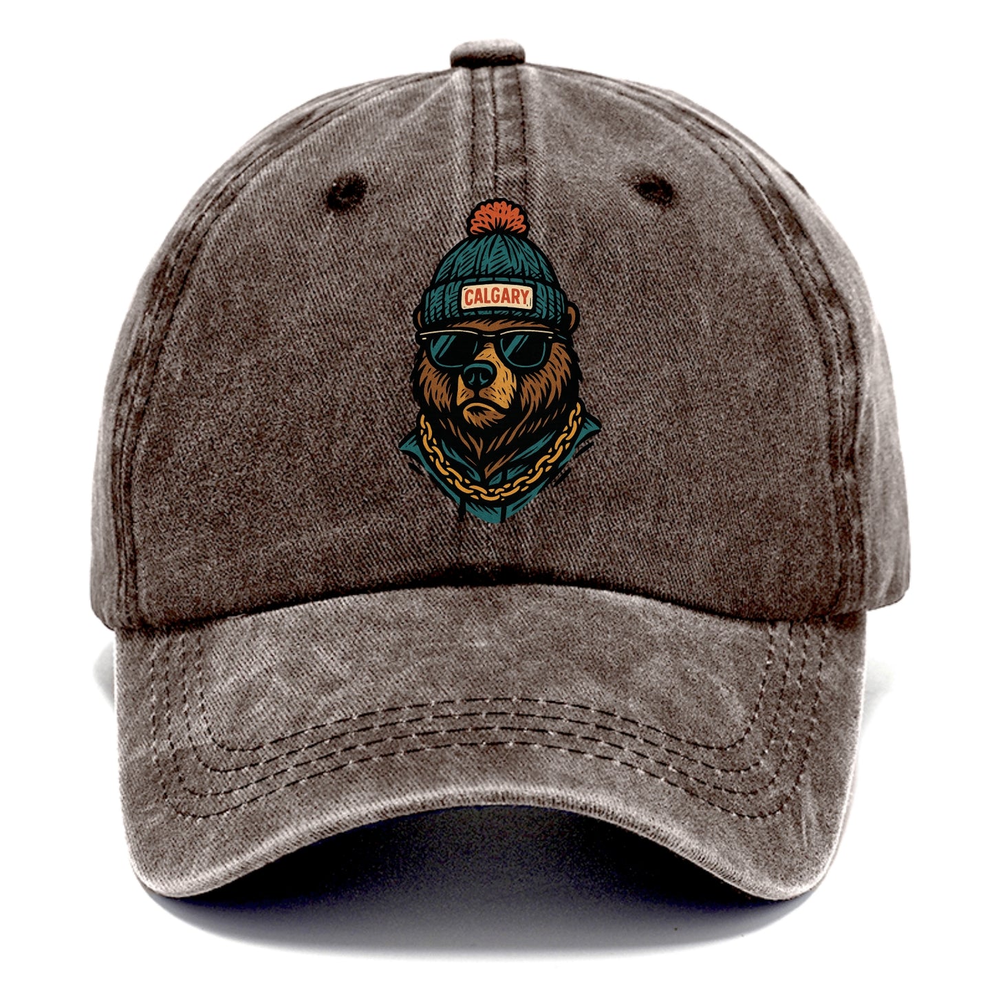 Calgary Grizzly Bear wearing Calgary beanie with pom pom and wayfarer sunglasses - Classic Cap - Brown
