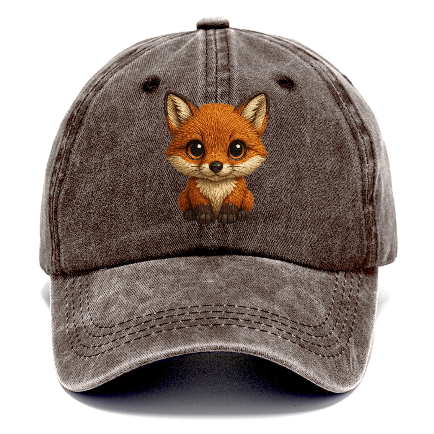 Baby Red Fox - russet fur, white chest, big amber eyes, perky ears, front-facing, - Classic Cap - Brown
