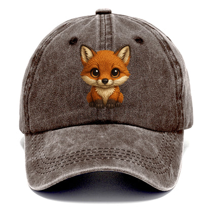 Baby Red Fox - russet fur, white chest, big amber eyes, perky ears, front-facing, - Classic Cap - Brown