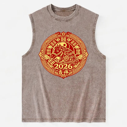 LUCKY HORSE MEDALLION | Circular medallion with horse profile | Intricate - Vintage Washed Tank - Brown