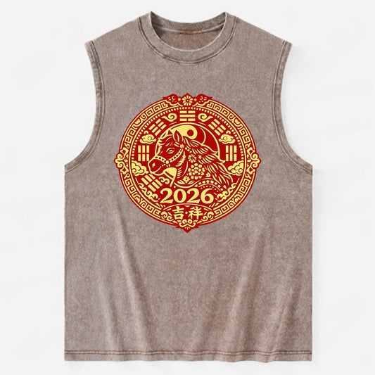 LUCKY HORSE MEDALLION | Circular medallion with horse profile | Intricate - Vintage Washed Tank - Brown