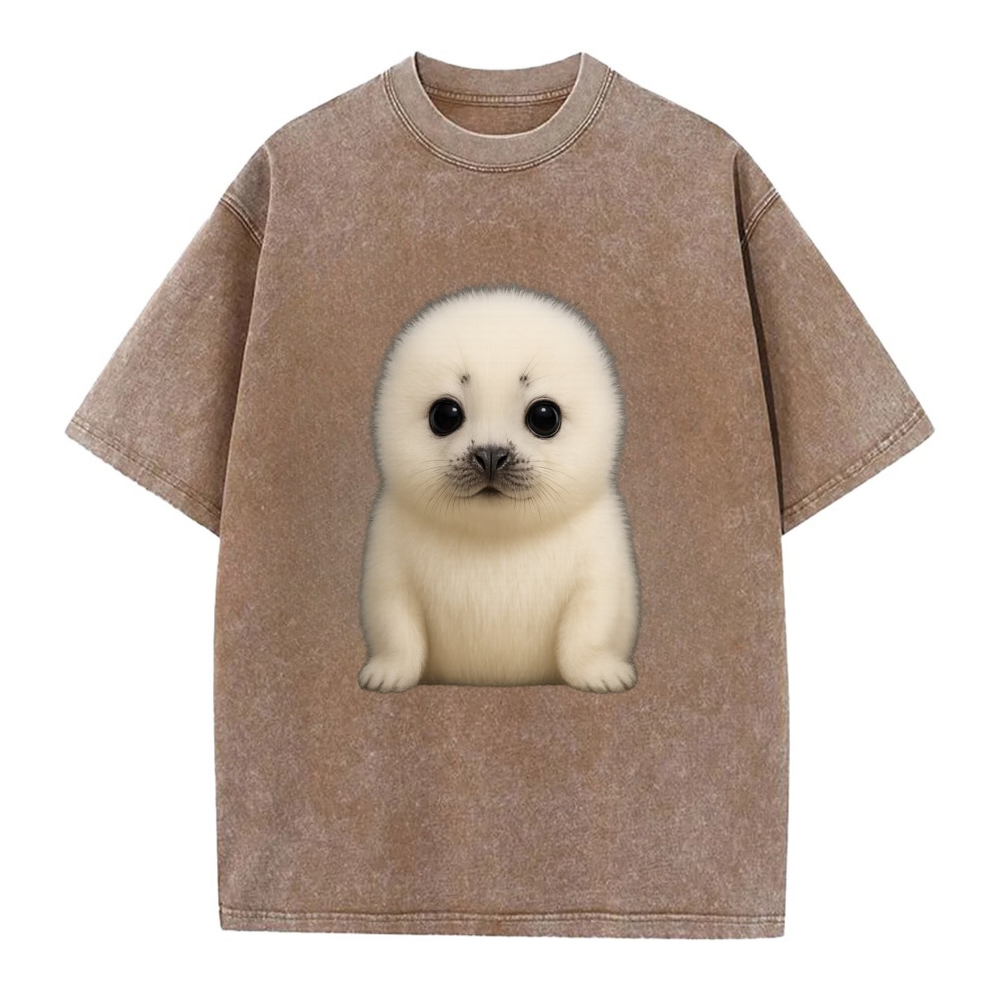 Baby Harp Seal - pure white fluffy fur, enormous dark eyes, front-facing, iconic - Vintage T-shirt - Brown