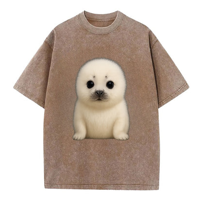 Baby Harp Seal - pure white fluffy fur, enormous dark eyes, front-facing, iconic - Vintage T-shirt - Brown