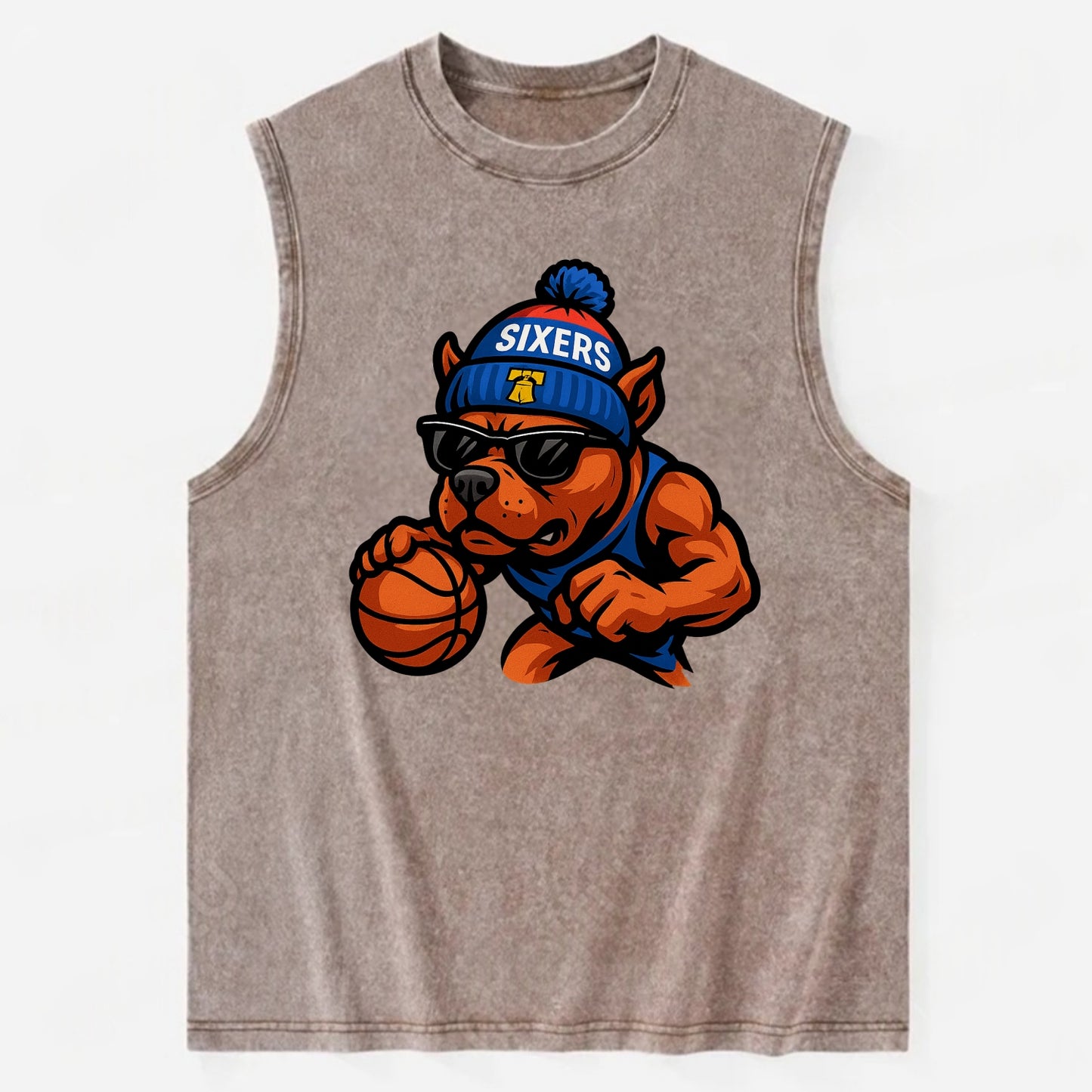 Philly Pitbull wearing Sixers beanie with Liberty Bell and wayfarer sunglasses - Vintage Washed Tank - Brown