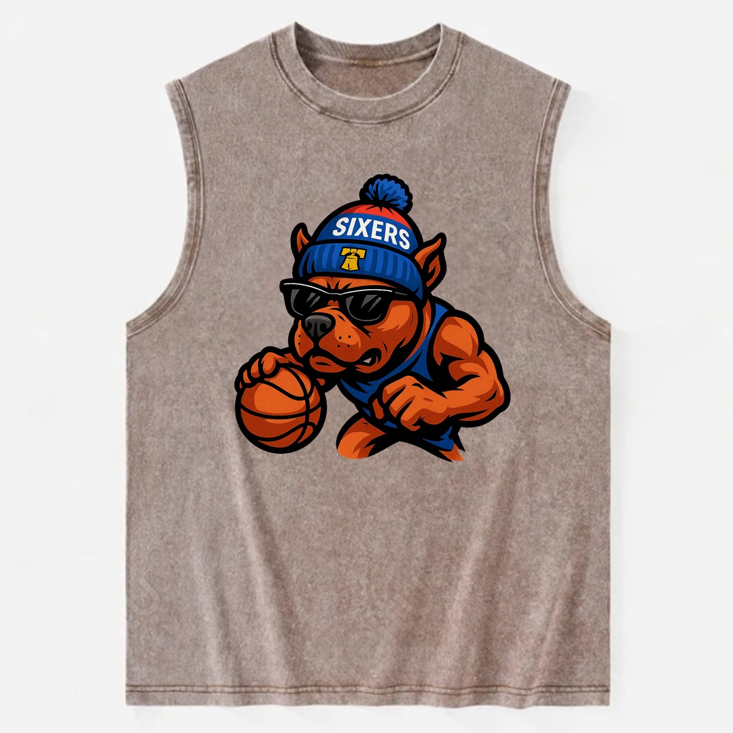 Philly Pitbull wearing Sixers beanie with Liberty Bell and wayfarer sunglasses - Vintage Washed Tank - Brown