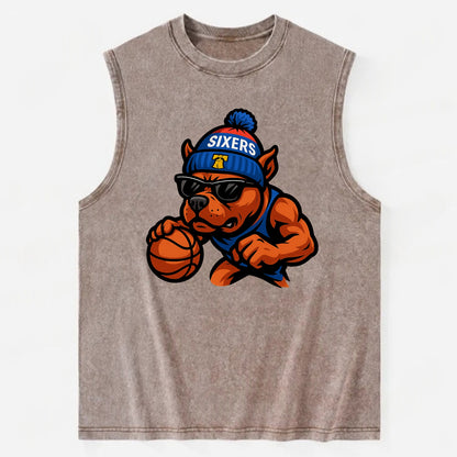 Philly Pitbull wearing Sixers beanie with Liberty Bell and wayfarer sunglasses - Vintage Washed Tank - Brown