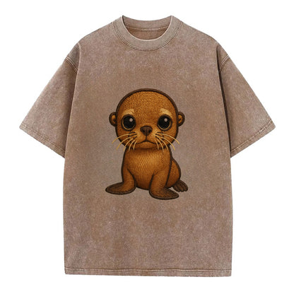 Baby California Sea Lion - golden brown, large expressive eyes, whiskers, - Vintage T-shirt - Brown