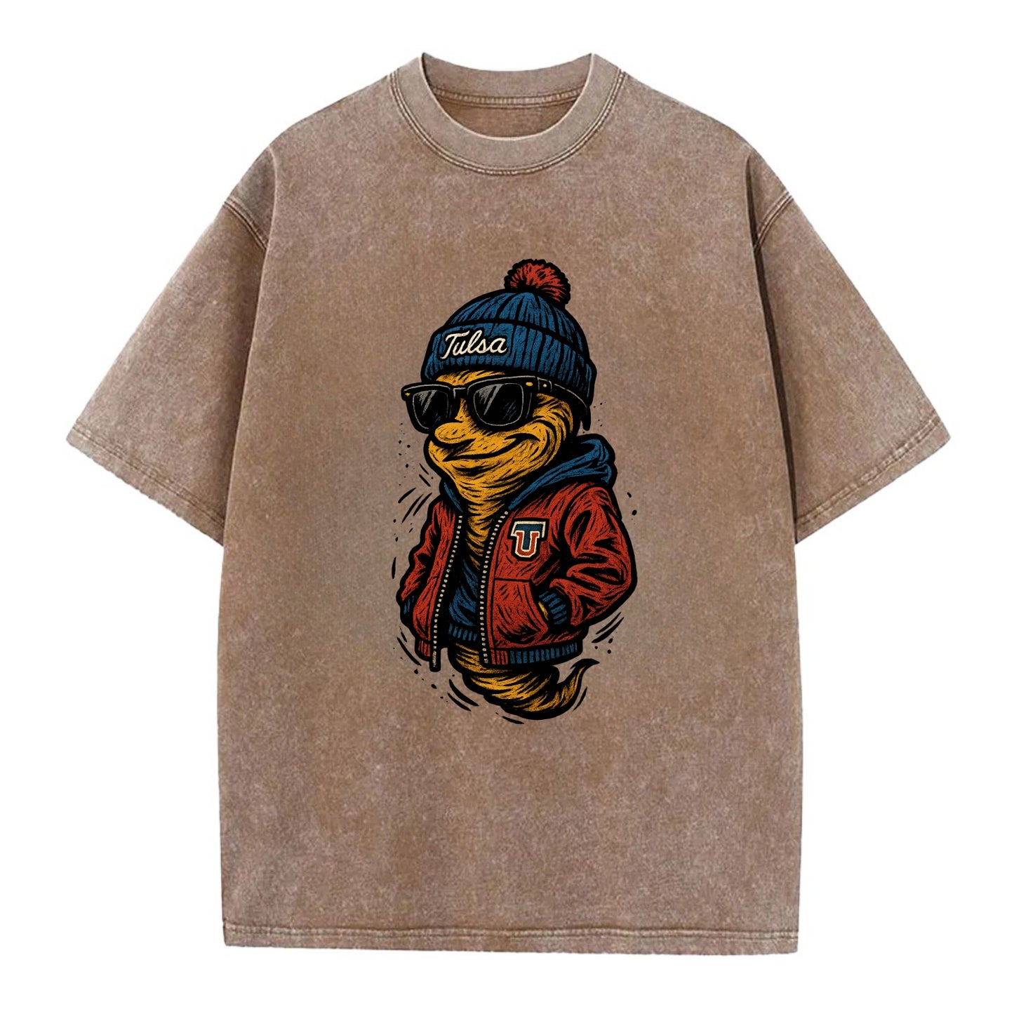Tulsa Hurricane wearing Tulsa beanie with TU patch - Vintage T-shirt - Brown