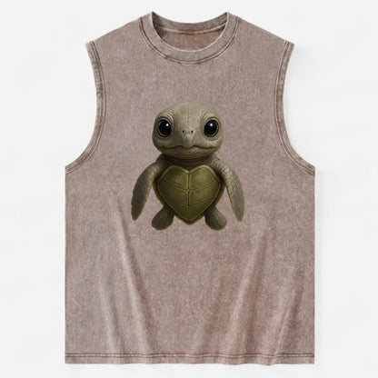 Baby Olive Ridley Turtle - olive green shell, heart-shaped carapace, bright - Vintage Washed Tank - Brown
