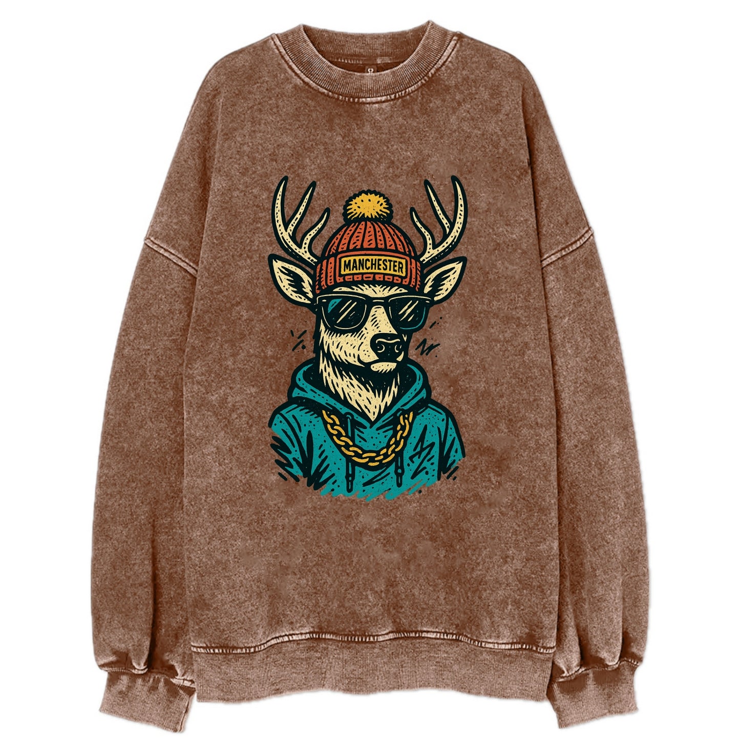 New Hampshire White-tailed Deer wearing Manchester beanie with pom pom and - Vintage Sweatshirt - Brown