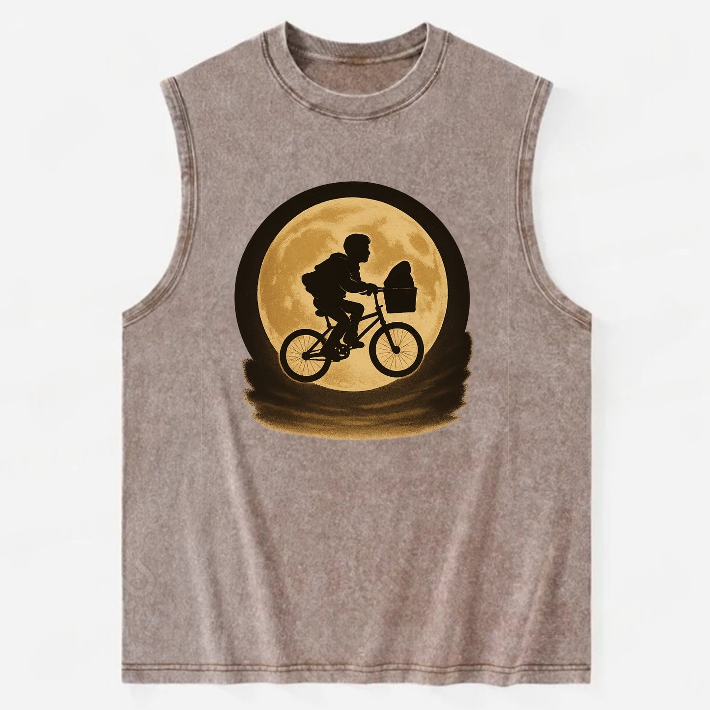 boy with bicycle flying across full moon with silhouette - Vintage Washed Tank - Brown