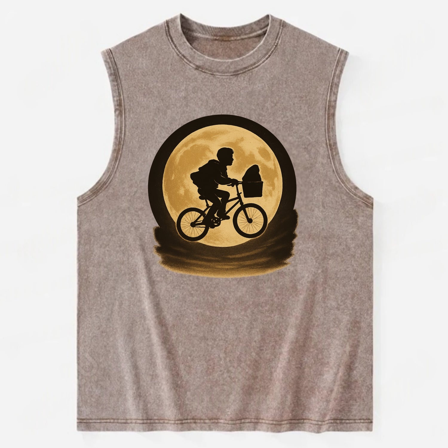boy with bicycle flying across full moon with silhouette - Vintage Washed Tank - Brown