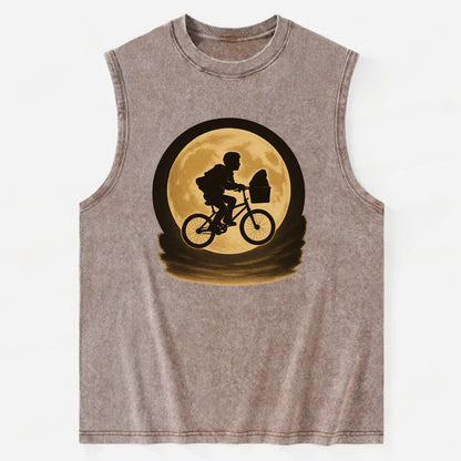 boy with bicycle flying across full moon with silhouette - Vintage Washed Tank - Brown